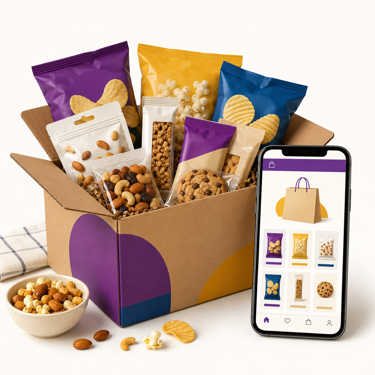 Curated snacks beside a mobile online shopping screen