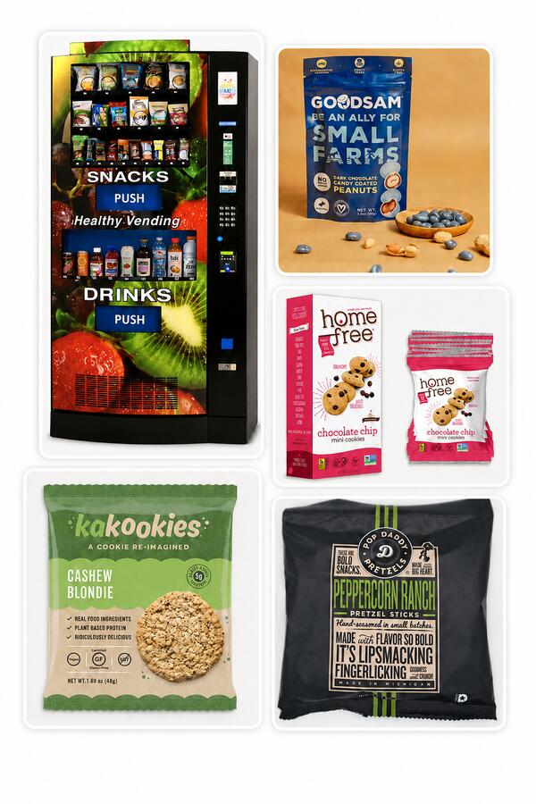 Healthy Habits vending machine with intentionally sourced snacks from GoodSAM, Homefree, Kakookies, and Pop Daddy Pretzels.